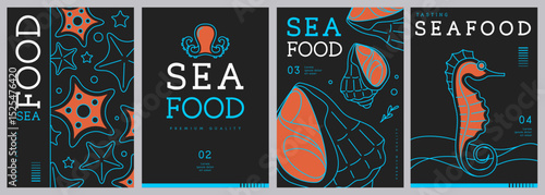 Set of modern magazine covers or posters with line art seafood. Restaurant seafood menu design. Vector illustration