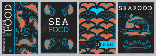 Set of modern magazine covers or posters with line art seafood. Restaurant seafood menu design. Vector illustration