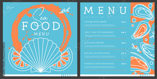 Restaurant line art seafood menu design with scallop, oysters and lemon. Vector illustration