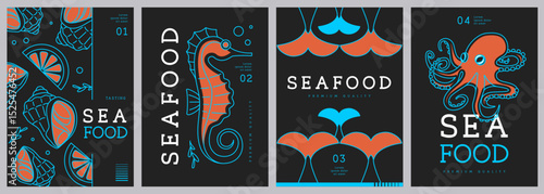 Set of modern magazine covers or posters with line art seafood. Restaurant seafood menu design. Vector illustration