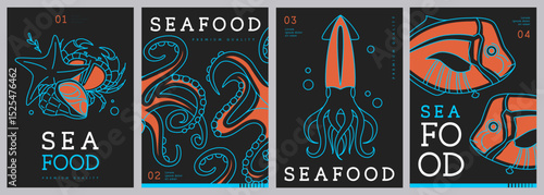 Set of modern magazine covers or posters with line art seafood. Restaurant seafood menu design. Vector illustration