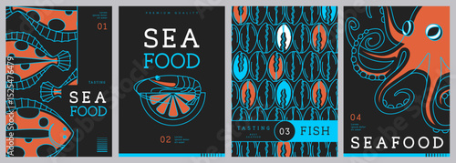 Set of modern magazine covers or posters with line art seafood. Restaurant seafood menu design. Vector illustration