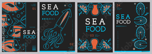 Set of modern magazine covers or posters with line art seafood. Restaurant seafood menu design. Vector illustration