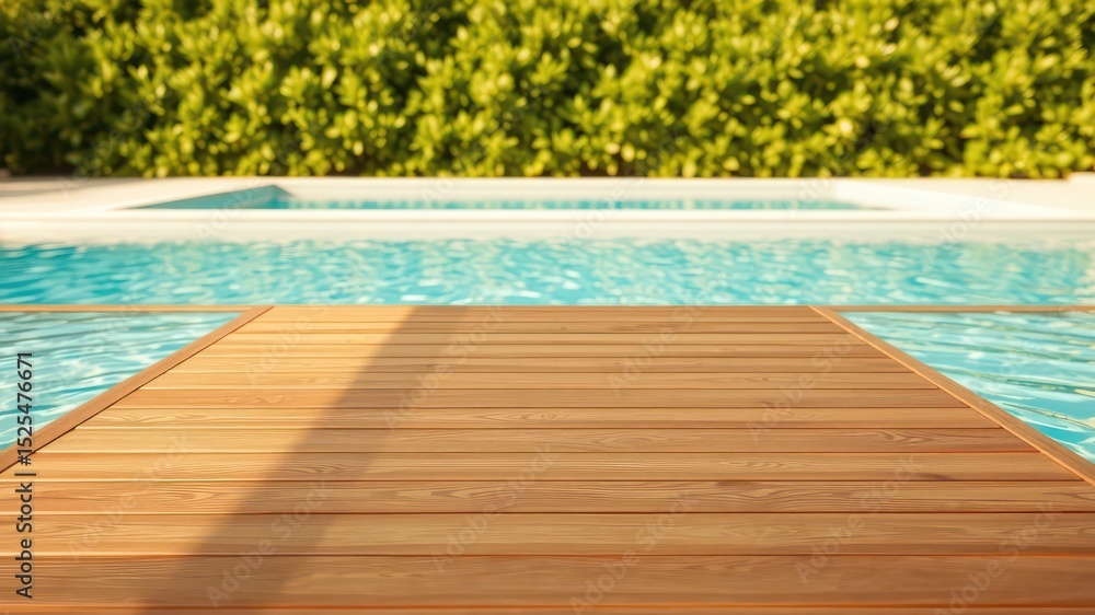 Wooden deck or platform alongside a clear swimming pool with a background of leafy green plants Wooden deck or platform alongside a clear swimming pool with a background of leafy green plants