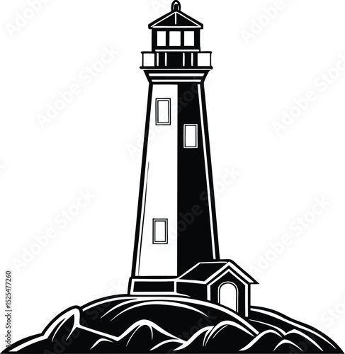 Lighthouse silhouette, coastal beacon icon, marine navigation vector