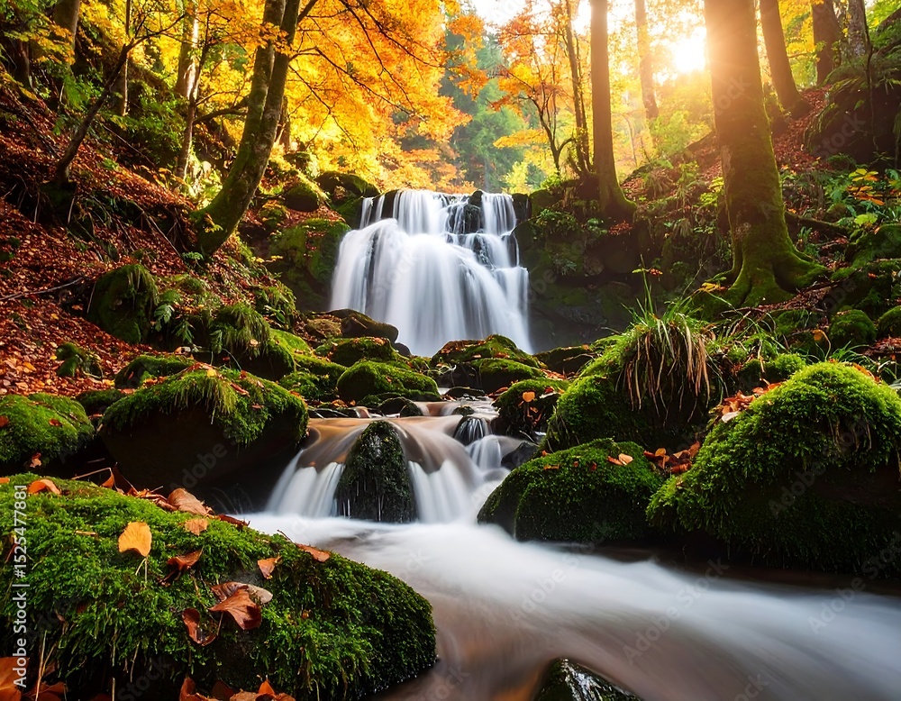 Fototapeta premium Autumn waterfall in a mossy forest