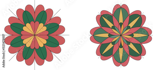   two colorful, symmetrical designs. Both circular graphics feature layered petals in red, green, and orange, resembling stylized flowers or mandalas. They offer vibrant decorative e