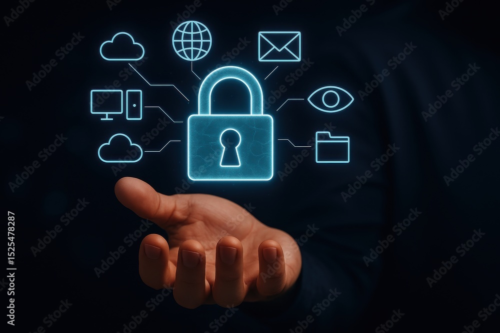 Secure digital sanctuary: A person's hand cradles a luminous padlock, the central figure in a constellation of interconnected digital icons. Secure digital sanctuary: A person's hand cradles a luminous padlock, the central figure in a constellation of interconnected digital icons.