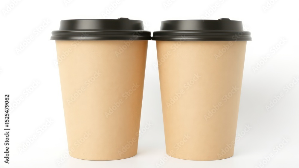 Two beige paper cups with black lids stand side by side, offering warmth, energy, and a moment of simple daily pleasure Two beige paper cups with black lids stand side by side, offering warmth, energy, and a moment of simple daily pleasure