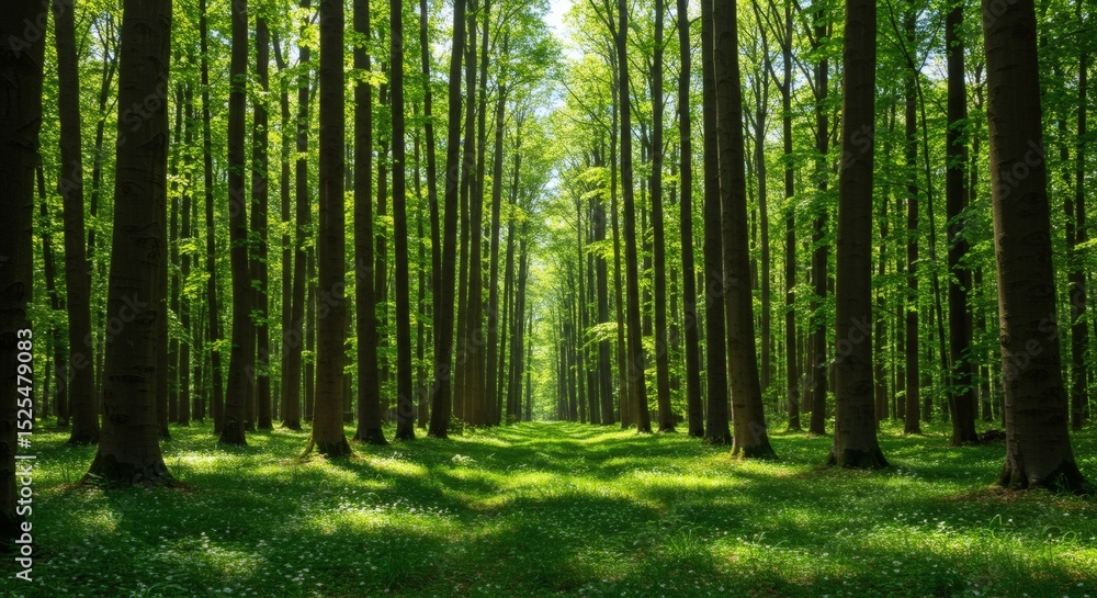 Fototapeta premium Sunlight Filtering Through Towering Trees in Lush Green Forest.