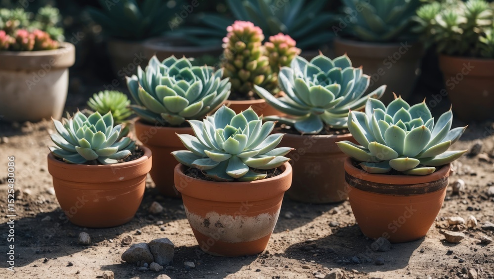 Multiple succulent plants in terracotta pots arranged outdoors on soil surface. Multiple succulent plants in terracotta pots arranged outdoors on soil surface.