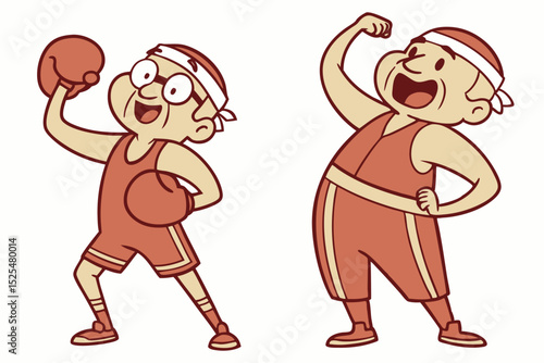 Two elderly men exercising, cartoon fitness illustration, senior health, active lifestyle, strength training, bodybuilding theme, workout motivation, age fitness, exercise art, sport design