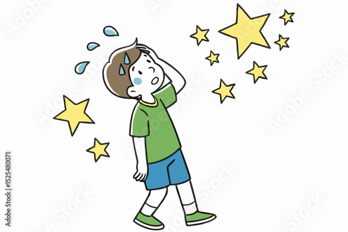 Cartoon boy with dizziness, starry eyes, stress expression, health concern, youth discomfort, emotion illustration, unwell feeling, childhood problem, dizzy state, kid health