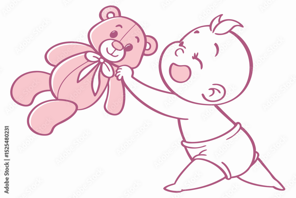 Cartoon baby with teddy bear, childhood joy, playful moment, illustration design, baby fun, toy companion, graphic art, infant play, cute scene, baby activity Cartoon baby with teddy bear, childhood joy, playful moment, illustration design, baby fun, toy companion, graphic art, infant play, cute scene, baby activity