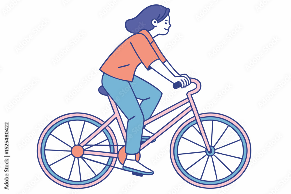 Obraz premium Cartoon of woman cycling, eco-friendly transport, fitness activity, cycling, illustration design, sustainable travel, exercise, graphic art, cycling scene, eco-art