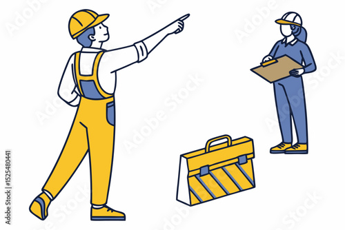 Cartoon of workers with tools, construction work, teamwork, labor, illustration design, work collaboration, worker role, graphic art, construction scene, labor art