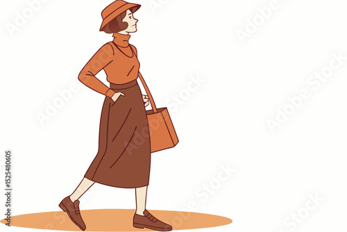 Woman walking with bag, hand in pocket, casual commute, lifestyle stroll, female pedestrian, daily activity, relaxed movement, urban journey, fashion walk, routine step.