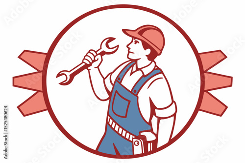 Worker with wrench and hard hat, industrial labor, mechanical repair, construction work, skilled tradesman, maintenance service, engineering job, blue - collar worker, tool use, repair task.