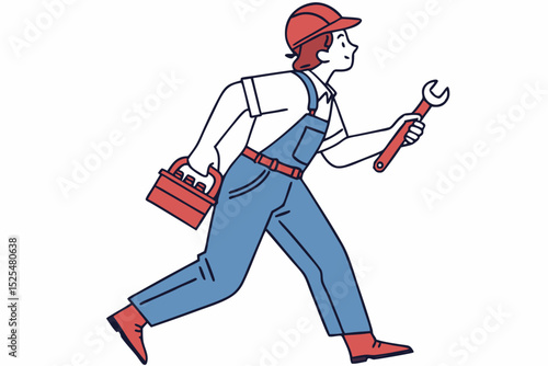 Worker running with wrench and toolbox, emergency repair, mobile maintenance, construction urgency, skilled labor, service on - the - go, engineering task, blue - collar speed, tool delivery, repair m