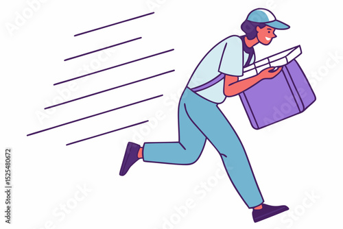 Delivery person running with package, parcel delivery, courier service, fast shipment, mobile delivery, delivery job, speed service, package transport, delivery mission, shipment delivery.