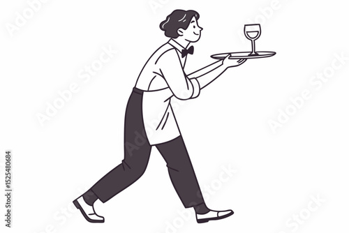 Waiter carrying tray with wine glass, hospitality service, restaurant job, food service, dining assistance, catering profession, table service, waiter duty, hospitality work, service task.