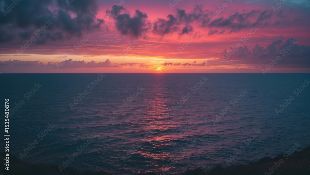 Fototapeta premium Sunset over the ocean with vibrant clouds and a colorful sky.