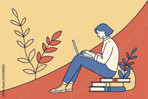 Person working on laptop with plants and books, study space, remote work, home office, productivity, reading corner, digital work, study routine, workspace decor, book lover.