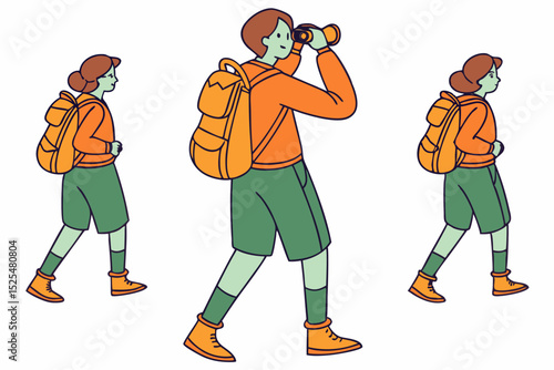 People hiking with backpacks, middle one using binoculars, outdoor adventure, hiking trip, nature observation, hiking trail, outdoor activity, hiking exploration, adventure walk, hiking scene.