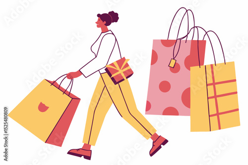 Woman walking with shopping bags and side - carried gift, shopping spree, holiday shopping, retail therapy, gift carrying, shopping stroll, consumer activity, festive shopping