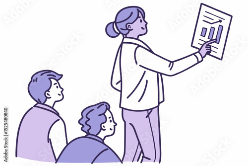 Person presenting chart to two listeners, business presentation, report session, data explanation, professional meeting, work collaboration, office discussion, business，presentation, meeting.