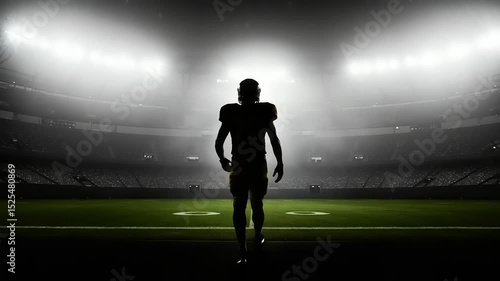 American Football Player Silhouette Walking onto Field in Stadium at Nighttime