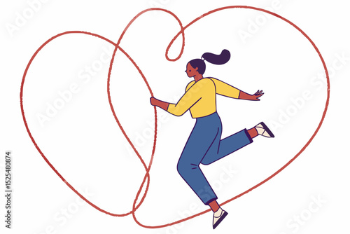 Person jumping in heart - shaped jump rope, fitness activity, heart health, exercise moment, jump rope workout, cardiovascular exercise, fitness routine, heart - themed exercise, workout session