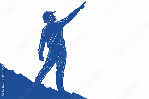 Worker silhouette pointing uphill, construction leadership, project direction, career ambition, workplace goal, construction task, job leadership, professional gesture, construction worker, project vi