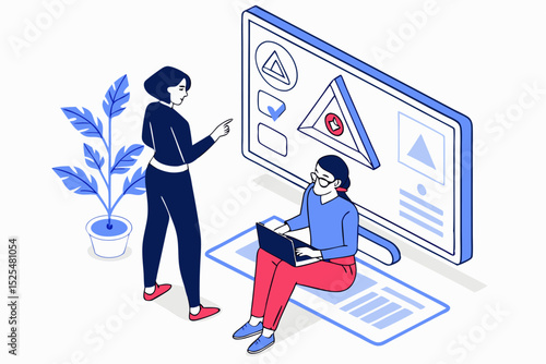 Two people discussing by screen, professional collaboration, business meeting, project discussion, corporate communication, work interaction, screen presentation, office collaboration