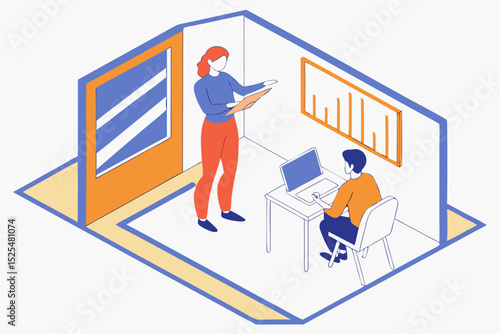 Indoor business meeting, person presenting document, colleague working on laptop, data chart analysis, office discussion, project planning, professional cooperation concept.
