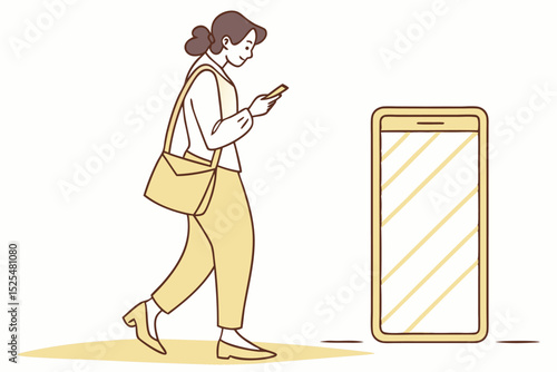 Digital interaction scene, woman using phone while walking, large mobile model, modern lifestyle, urban commute, technology engagement, digital device concept.