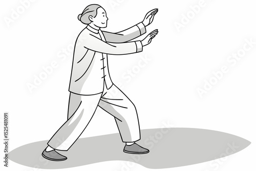 Tai Chi practice scene, elderly person performing Tai Chi, traditional clothing, martial art exercise, health maintenance, slow movement, Chinese culture concept.