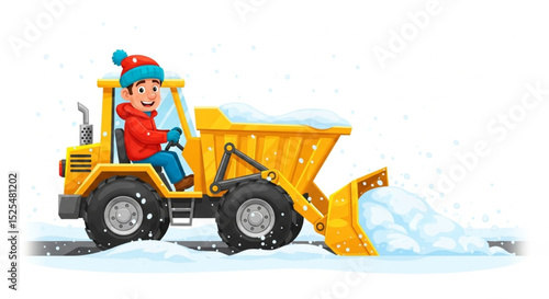 Cartoon Man Driving Snow Dump Tractor Clearing Street from Snow Vector Illustration
