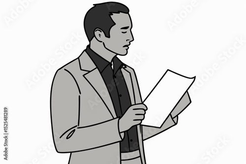 Man reading documents, business - style illustration, professional work, document review, corporate task, office activity, career duty, business environment, professional progress, work scrutiny