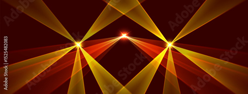 Laser rays or beams, glowing neon lines, bright futuristic background. Motion or speed light effect. Concert or nightclub spotlights. Vector illustration.