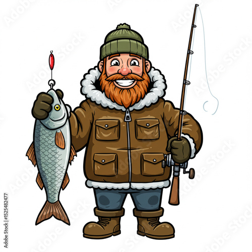 Happy fisherman cartoon character holding big fish and rod during winter fishing, vector illustration