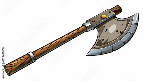 A sturdy garden hoe with a weathered wooden handle and steel blade. Displayed diagonally in close-up against a white background. Ideal for soil cultivation vector designs in rural themes.