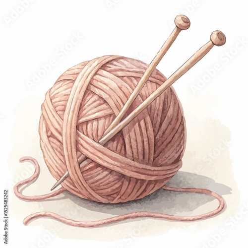  Watercolor yarn ball with knitting needles in brown and beige for handcrafting projects