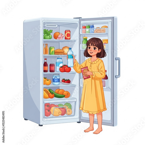 Young Girl Taking Food from Open Refrigerator for Pajama Party Vector Illustration