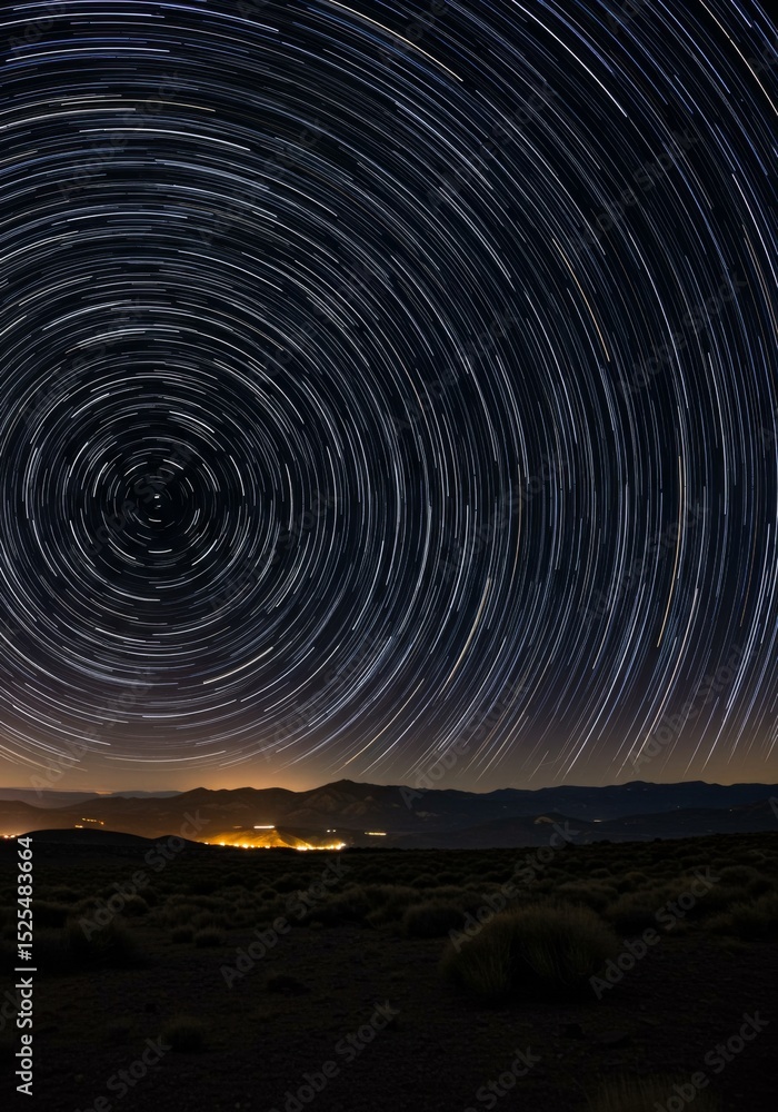 Fototapeta premium Circular Star Trails Over Desert Landscape at Night