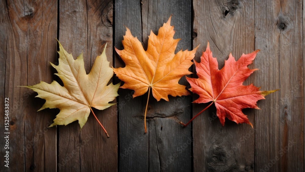 Obraz premium Three autumn maple leaves in green, orange, and red hues laid on a rustic wooden surface.