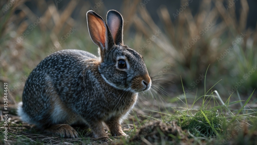 Fototapeta premium A small rabbit with dark fur and white spots sitting on the ground in a natural setting.