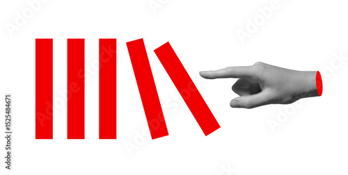 Hand pointing finger pushing red domino blocks. Abstract concept of chain reaction, cause and effect