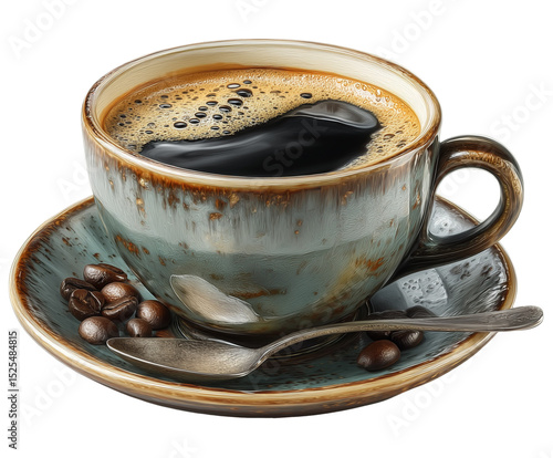 A cup of coffee with a spoon and coffee beans on a saucer against a white isolated background view from above