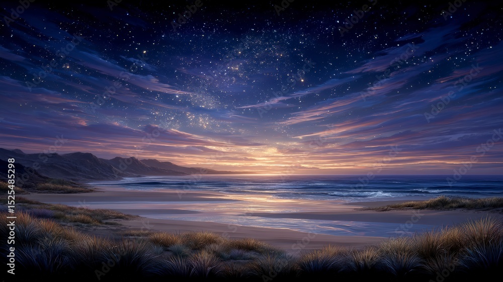 Obraz premium Serene Night Sky Starry Beach Ocean Sunset Coastal Landscape